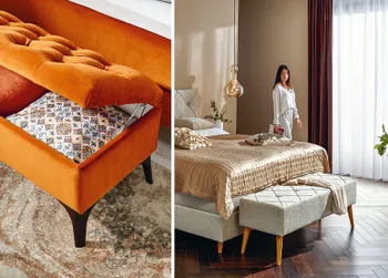 Orangenes und hellgraues Bett mit passender Polstersitzbank