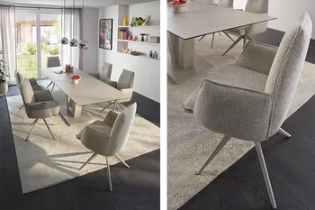 Collage mit zwei Bildern von modernem Esszimmer mit großem, hellgrauen Tisch und passenden Esszimmerstühlen und Detailbild von Seitenansicht eines Armlehnstuhls.