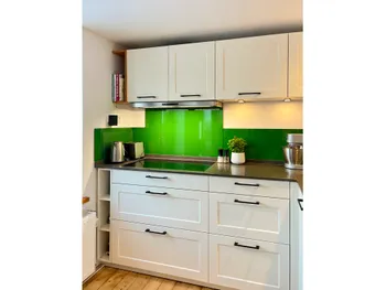 Küche mit grüner Glasrückwand