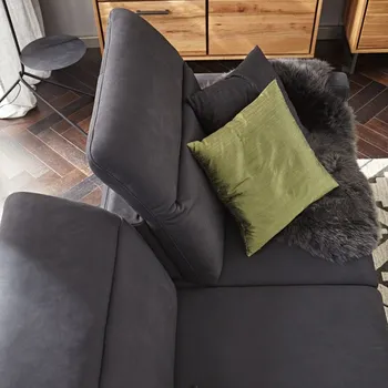 Dunkelgraues Sofa, mit grünem Kissen dekoriert und schwarzem Fell bei dem die Kopfstütze aufgestellt ist.