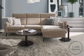 Beiges Ecksofa in Wohnzimmer mit rundem Couchtisch, beigem Teppich und hellblauer Wand.