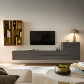 Elegantes Wohnzimmer mit Wohnwand in den Farben Grau und Gelb.