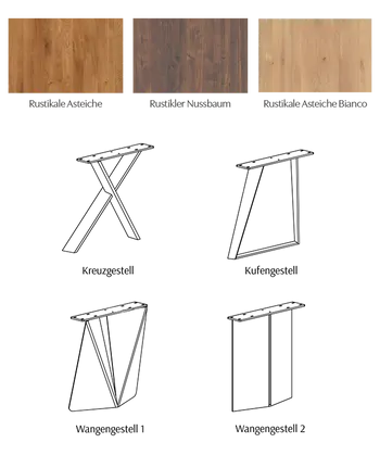 Übersicht mit verschiedenen Holzarten und Gestellvarianten für Esstisch Contur Cinque Passi.