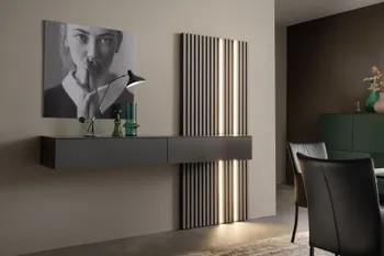 Design Wohnwand mit Lamellen Element an der Wand.