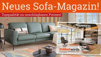 Werbebanner: Neues Sofa-Magazin mit Sofa und Magazincover.