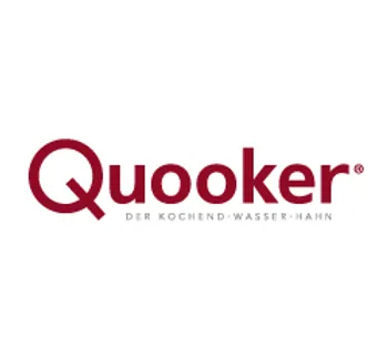 Rotes Quooker Logo auf weißem Hintergrund mit Untertitel Der kochend Wasser Hahn als Symbol für innovative Armaturen