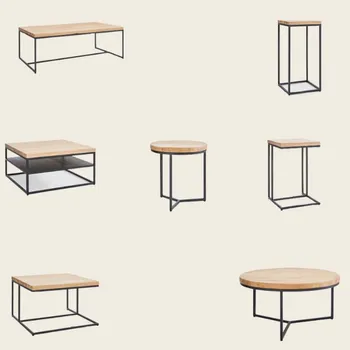 Sieben verschiedene Couchtische mit Massivholzplatte und Metallgestell in rund und eckig.