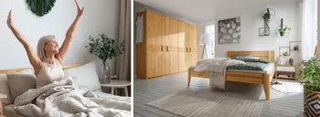Natura Home Schlafzimmer mit Bett, Schrank in Holzoptik und Frau die sich streckt