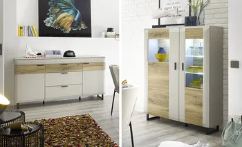 Helles Side- und Highboard mit Holzdetails