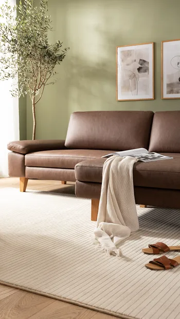 Braunes Ecksofa mit Lederbezug vor einer grünen Wand daneben steht ein kleines Bäumchen.