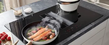 Muldenluefter saugt Dampf von bratendem Lachs ab.