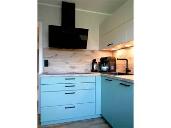 Eine kleine Küche in Salbeigrün