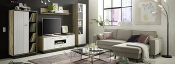 Hölzerne Wohnwand und Sofa in Wohnzimmer