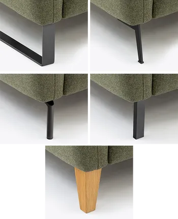 Fünf verschiedene Varianten von Sofafuessen, in schwarzem Metall oder aus Holz.
