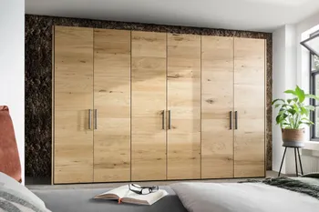 Massivholz Drehtürenschrank mit sechs Türen, daneben steht eine Pflanze auf einem Beistelltisch.