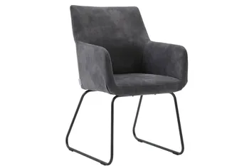 Schalenstuhl aus blaugrauem Stoff mit schwarzen Metallbeinen.