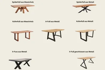 Verschiedene Fußgestelle, die es beim Massivholz Esstisch Clifton zur Wahl gibt: z.B. Kufen, Spider, X-Variante aus Massivholz oder Metall.