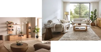 Massivholz Wohnwand mit Regalelemet und zwei hellgraue Stoffsofas mit passendem Massivholzcouchtisch.