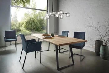 Blaugraue Freischwinger mit und ohne Armlehne um einen modernen Holz Esstisch.