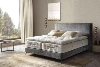 Hellgraues modernes Boxspringbett mit samtigem Bezug und mehreren Kissen in einem hellen modernen Raum.