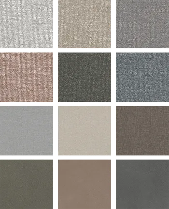 Auswahl verschiedener Stoff- und Leder-Varianten für Sofa Global Wohnen Rafaela 2.0.