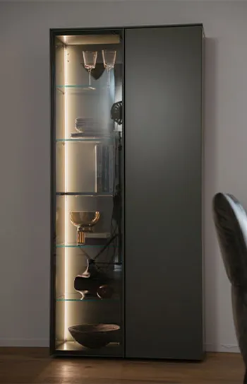Modern beleuchtete graue Lack Vitrine, die auf der linken Seite eine Glastüre hat.