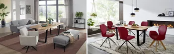 Zwei Esszimmer mit Farbkontrast. Eines grau und eines rot