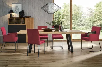 Großer Esstisch aus hellem Holz, um den fünf Stühle mit und ohne Armlehne stehen mit schwarzen Füßen und rotem Bezug.