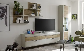 Helle Wohnwand mit Holzdetails