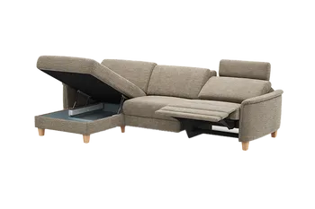 Braunes Ecksofa mit hochgeklappter Sitzfläche und Herz-Waage-Position.