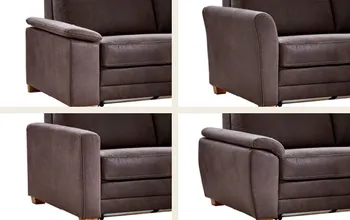 Collage aus 4 verschiedenen Bildern eines braunen Schlafsofas, das Armlehn Optionen zeigt.