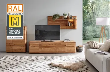Gütesiegel &quot;Goldene M&quot; auf einem Bild einer Massivholz Wohnwand dekoriert mit vielen Pflanzen und beleuchtetem Regaleinsatz beim Highboard.