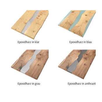 Epoxidharzfarben die beim Contur Esstisch Nera ausgewählt werden können: klar, blau, grau, anthrazit.