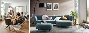 Personen an Esstisch und Wohnzimmer mit türkisfarbener Couch