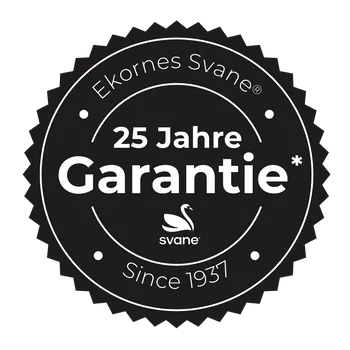 Rundes Svane®-Garantiesiegel mit der Aufschrift „25 Jahre Garantie“ und dem Svane®-Logo, das für langanhaltende Qualität und Vertrauen steht.