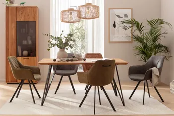 Modernes Esszimmer mit Esstisch und Vitrine aus Massivholz und Schalenstühlen in grün, rot und grau.