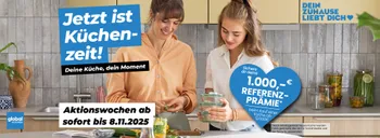 Aktions-Banner zur Global Küchen Aktion. Man kann sich 1.000€ Referenzprämie beim Kauf einer Küche ab 12.000€ sichern.