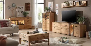 Ein modern eingerichtetes Wohnzimmer mit einer Wohnwand aus Holz