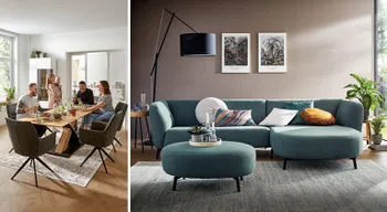Personen an Esstisch und Wohnzimmer mit türkisfarbener Couch