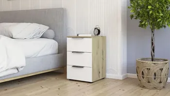 Kleiner Nachttisch mit Holzdekor und weißen Schubladenverblendungen