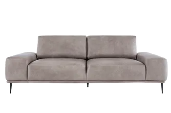 Graues zweisitzer Sofa mit lederbezug und filigranen Beinen.