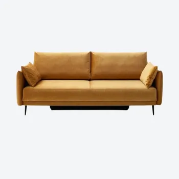 Gelbes Schlafsofa vor einem weißen Hintergrund.