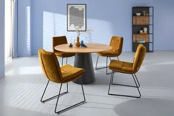 Runder Esstisch mit schwarzem konischen Gestell und Wildeiche Tischplatte im Skandi Look.