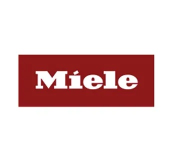 Rechteckiges Logo mit rotem Hintergrund und weißem Schriftzug Miele als Markenzeichen für hochwertige Haushaltsgeräte und Küchentechnik