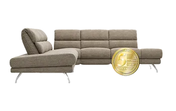 Braunes Ecksofa mit Logo der 5 Jahres Gold Garantie von akad'or!