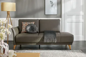 Dunkelgrünes Ledersofa mit Holzbeinen, dekoriert mit Kissen und Decke in einem gemütlichen Raum.