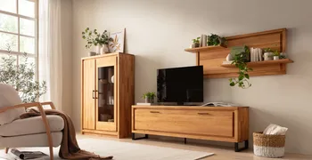 Moderne Wohnwand aus massiver Eiche bestehend aus Highboard, Lowbard und Wandregal, beim Highboard gibt es einen Glaseinsatz mit beleuchteten Regalböden.
