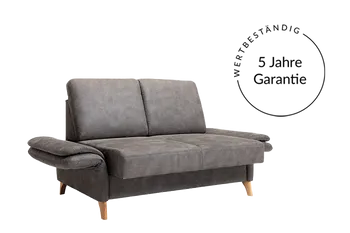 Freisteller eines grauen Sofas mit Vermerk auf 5 Jahre Garantie.
