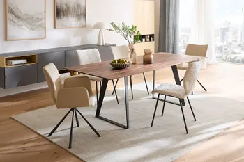 Elegantes Esszimmer mit Holzesstisch und sechs Esszimmerstühlen mit und ohne Armlehne. 