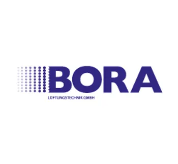 Blaues Bora Logo mit stilisierten Punkten auf weißem Hintergrund, Markenzeichen für innovative Dunstabzugssysteme